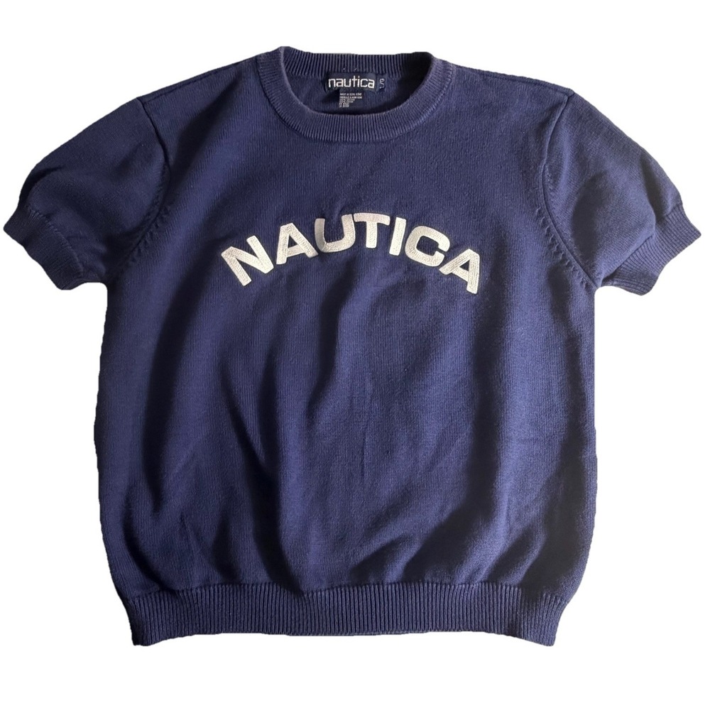 Vintage Nautica Womens Large Short Sleeve Knit Sweater Navy Spellout Hong Kong
